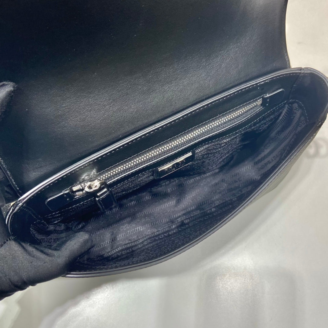 Prada Black Saffiano Leather Shoulder Bag with Detachable Woven Strap