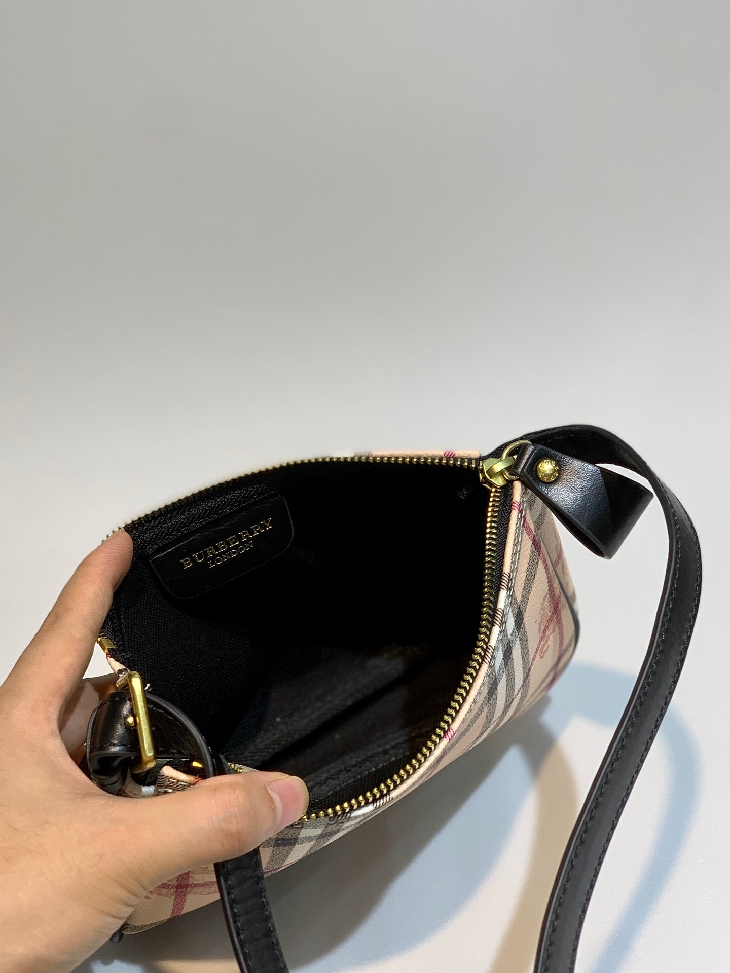 Burberry Nova Check Shoulder Bag Beige Coated Canvas with Black Leather Strap