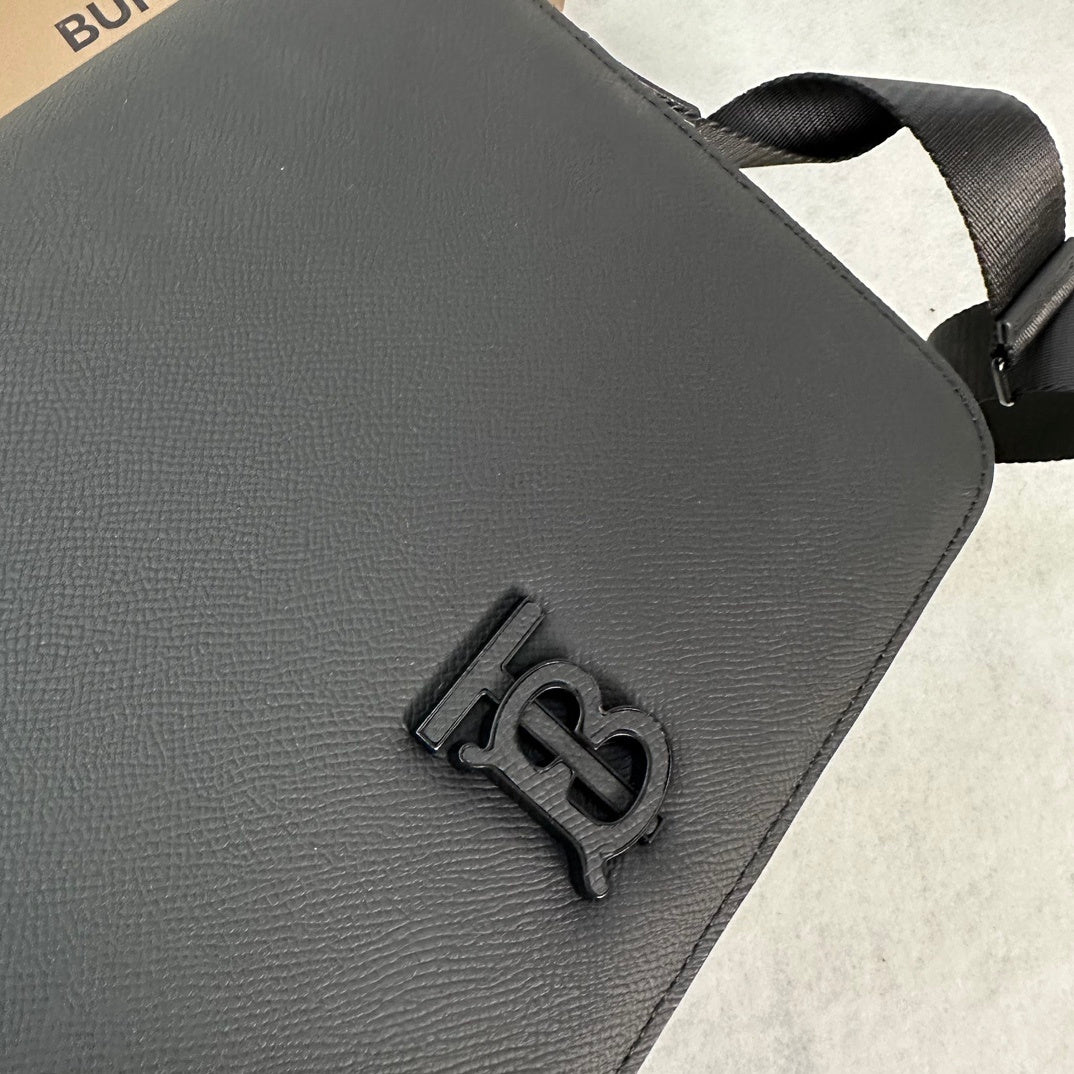 Burberry Alfred Black Leather Crossbody Bag with TB Monogram Plaque