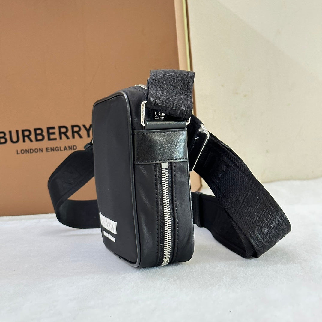 Burberry Logo Print Nylon Square Paddy Bag in Black with White Logo