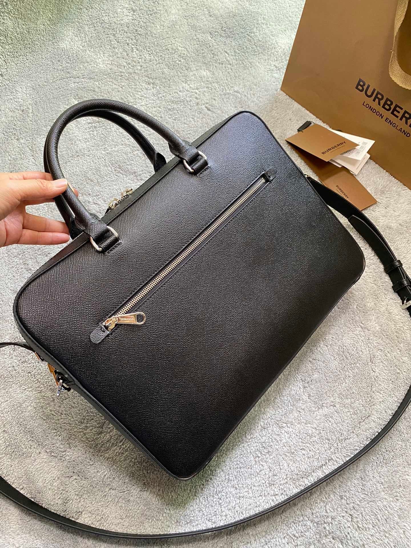 Burberry Black Grained Leather Briefcase with Silver Logo Plaque