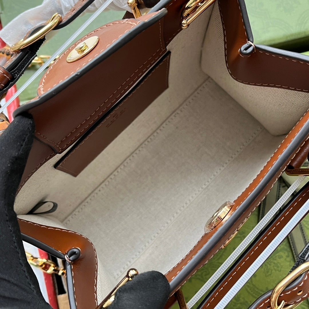 Gucci Diana Mini Tote GG Canvas Bag with Leather Trim and Bamboo Handles