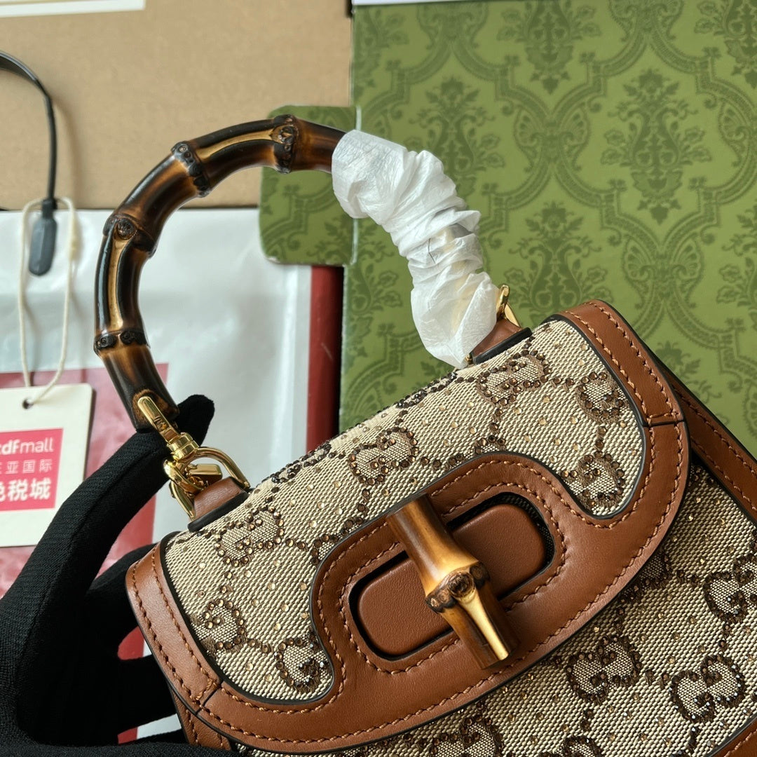 Gucci Bamboo 1947 Mini Top Handle Bag in GG Canvas with Brown Leather Trim