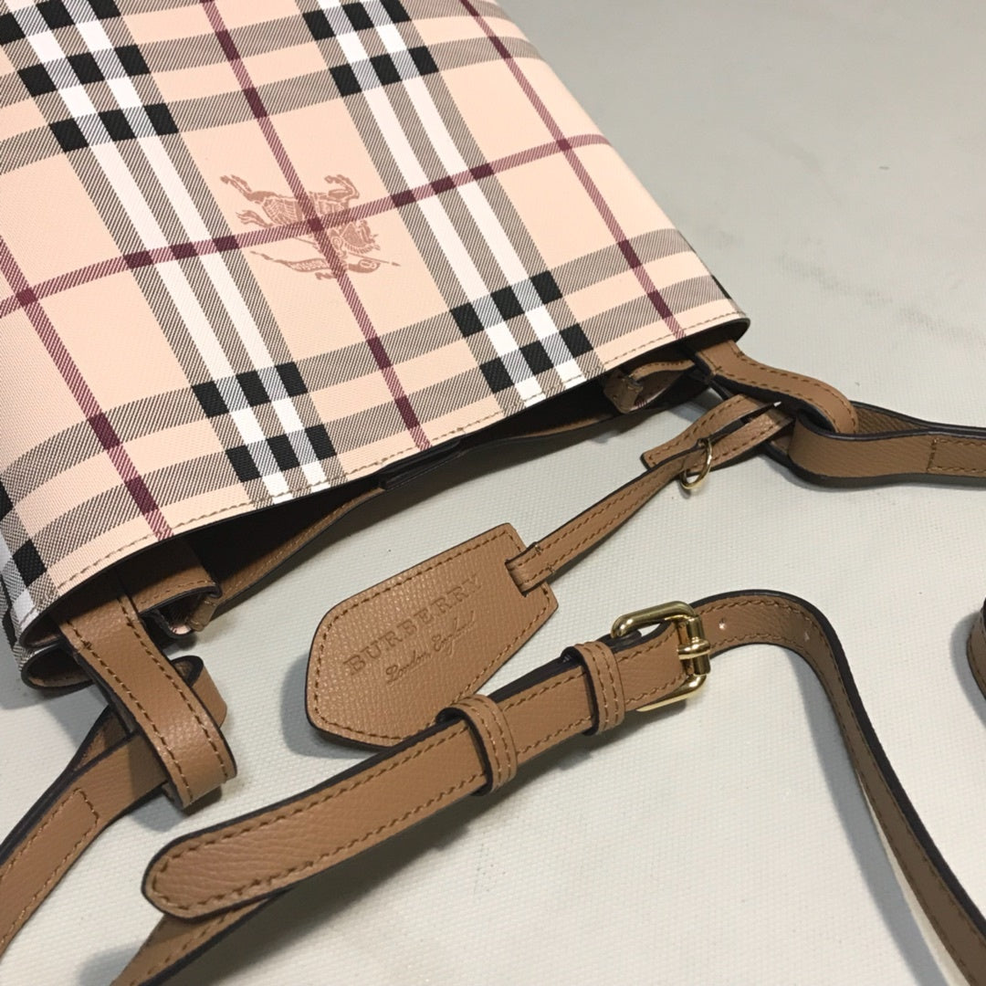 Burberry Lorne Bucket Bag Haymarket Check Coated Canvas Luxury Handbag