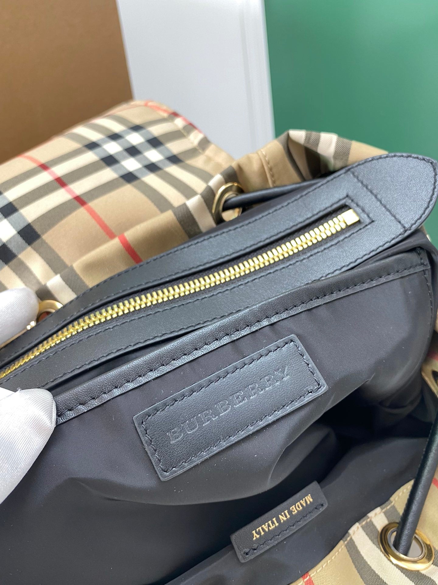 Burberry Vintage Check Backpack with Leather Trim & Buckle Closures