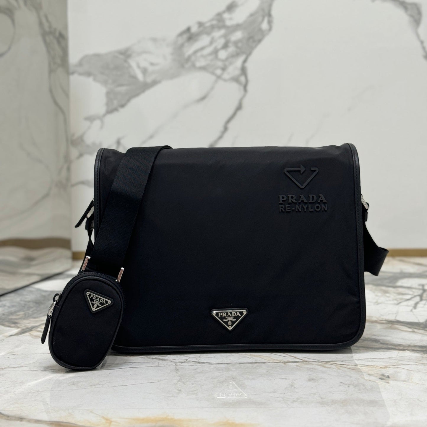 Prada Re-Nylon & Saffiano Leather Messenger Bag 2VD039 – Black with Removable Zip Pouch