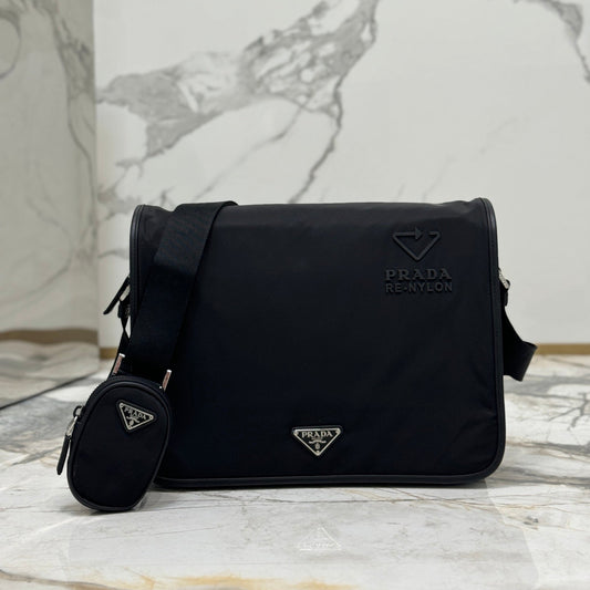 Prada Re-Nylon & Saffiano Leather Messenger Bag 2VD039 – Black with Removable Zip Pouch