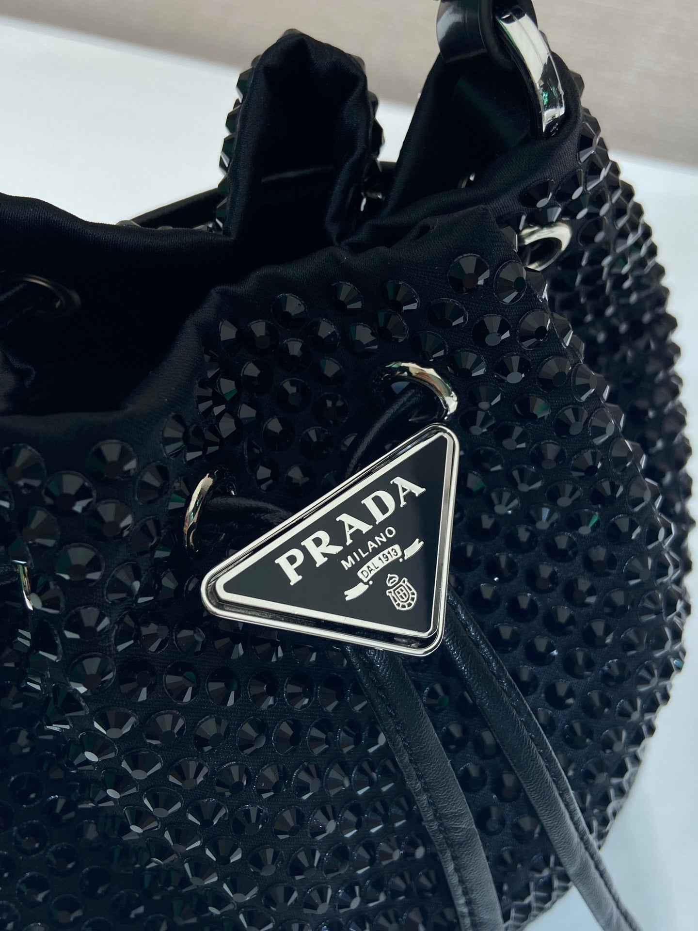 Prada Crystal-Embellished Mini Satin Bucket Bag – Black