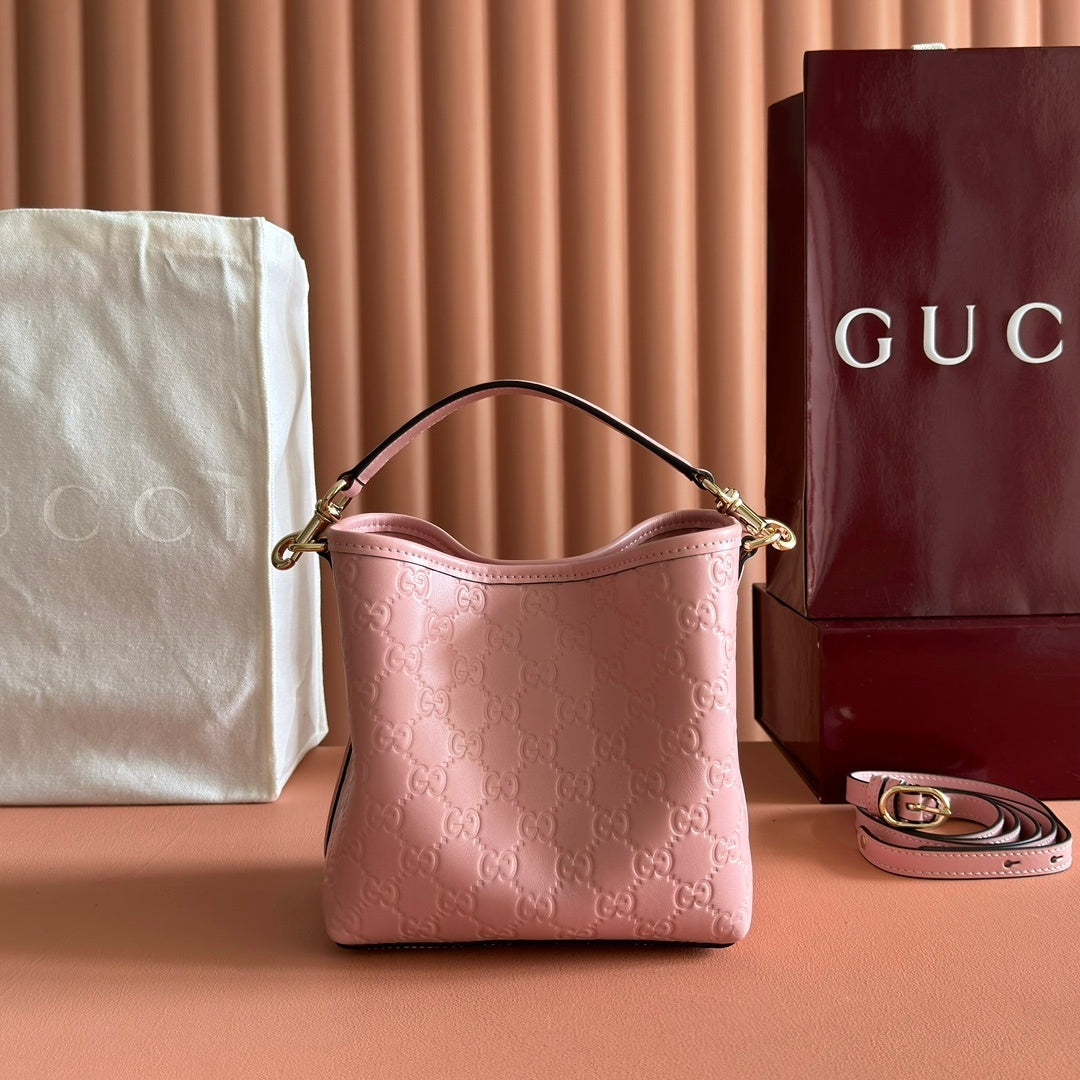 Gucci GG Emblem Small Bucket Bag in Pink Leather