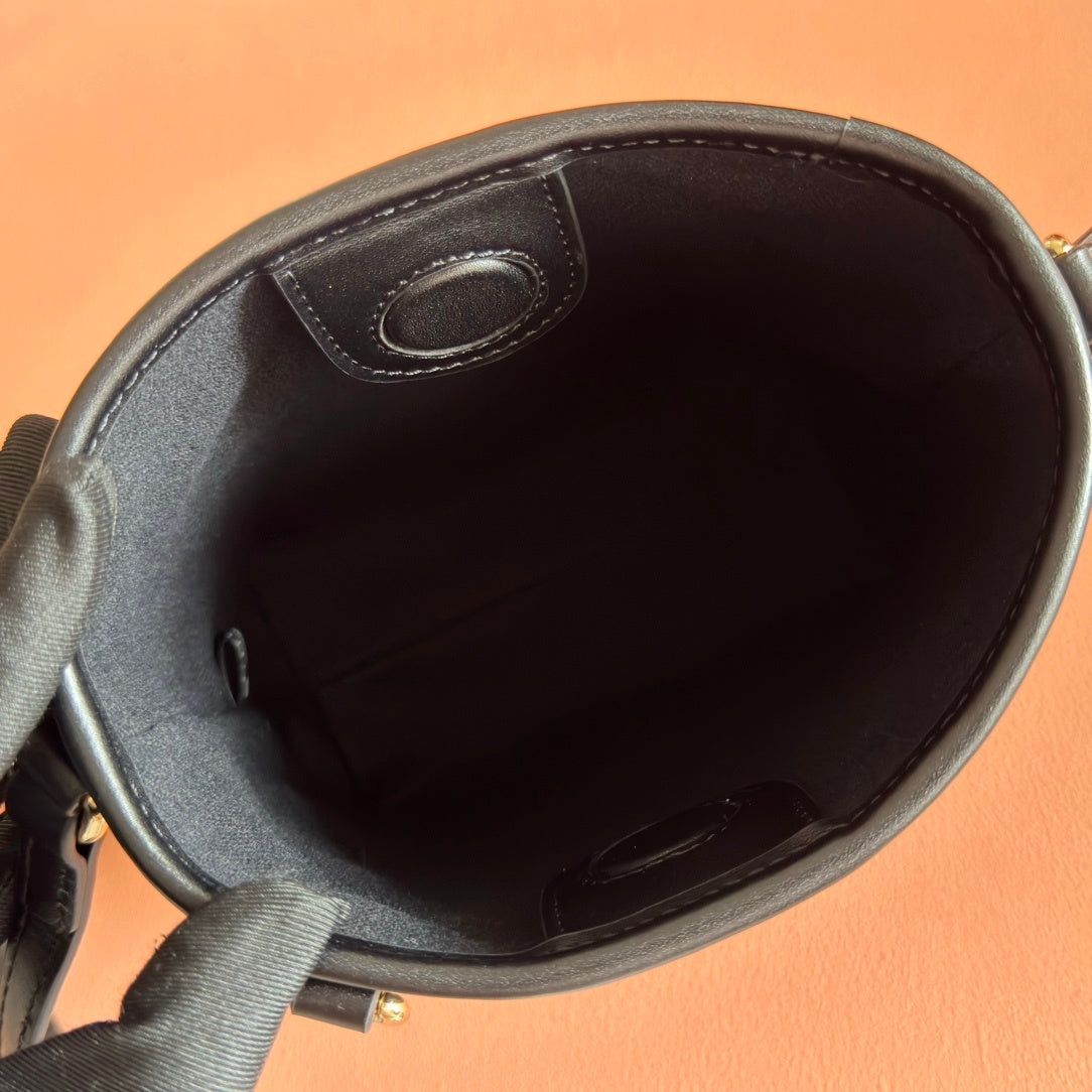 Gucci Small GG Emblem Bucket Bag in Black Embossed Leather with Dog Charm