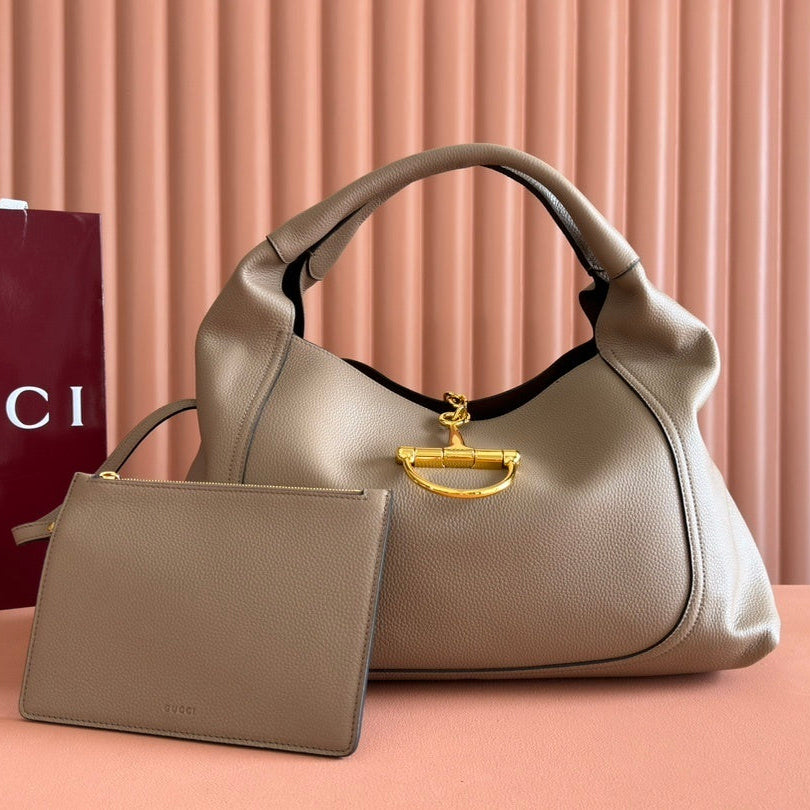 Gucci Softbit Medium Top Handle Bag in Beige Grained Leather with Gold Hardware