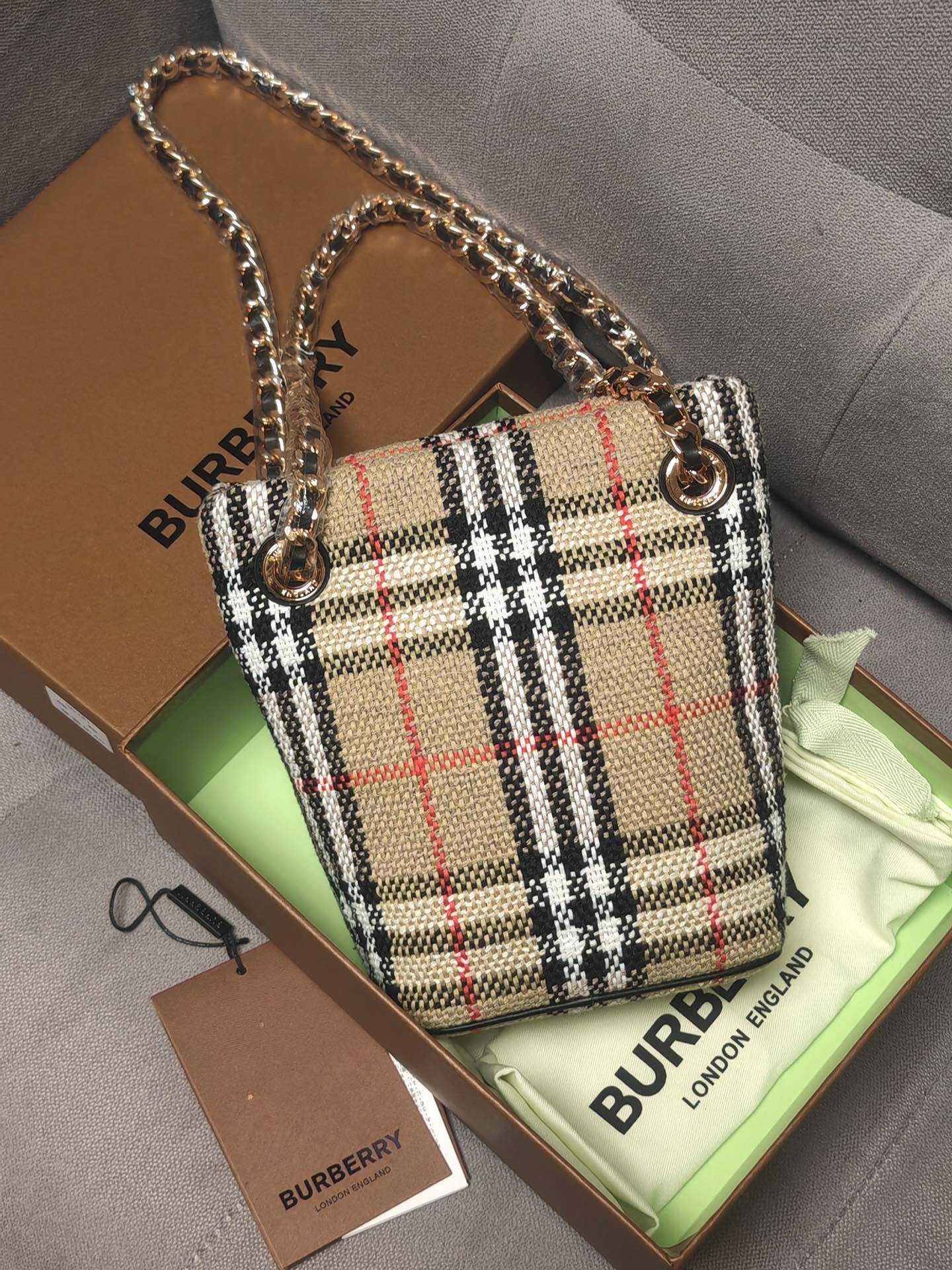 Burberry Mini Lola Bucket Bag in Archive Beige Check Bouclé