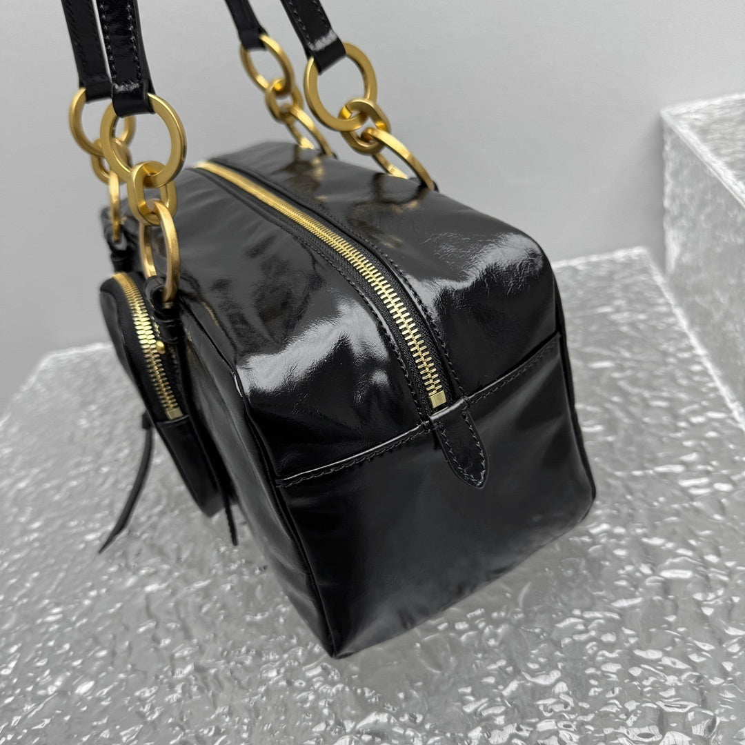 Prada Dangle Medium Black Leather Top Handle Shoulder Bag