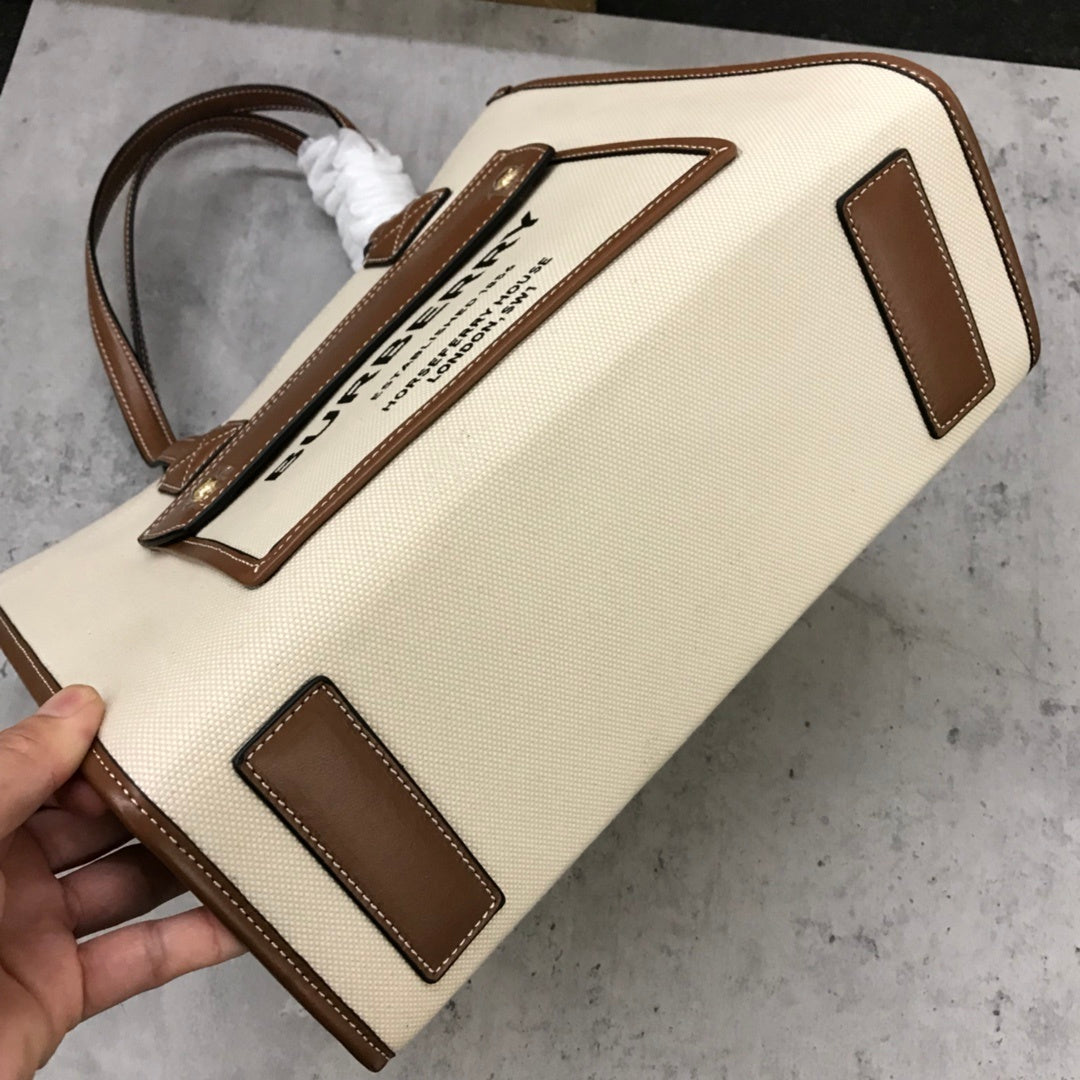 Burberry Freya Tote Bag Natural Canvas with Leather Topstitching