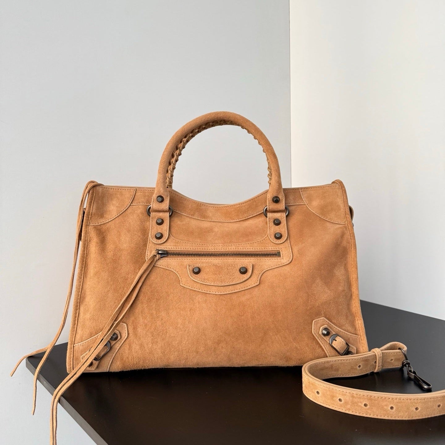 Balenciaga Le City Camel Suede Studded Bag