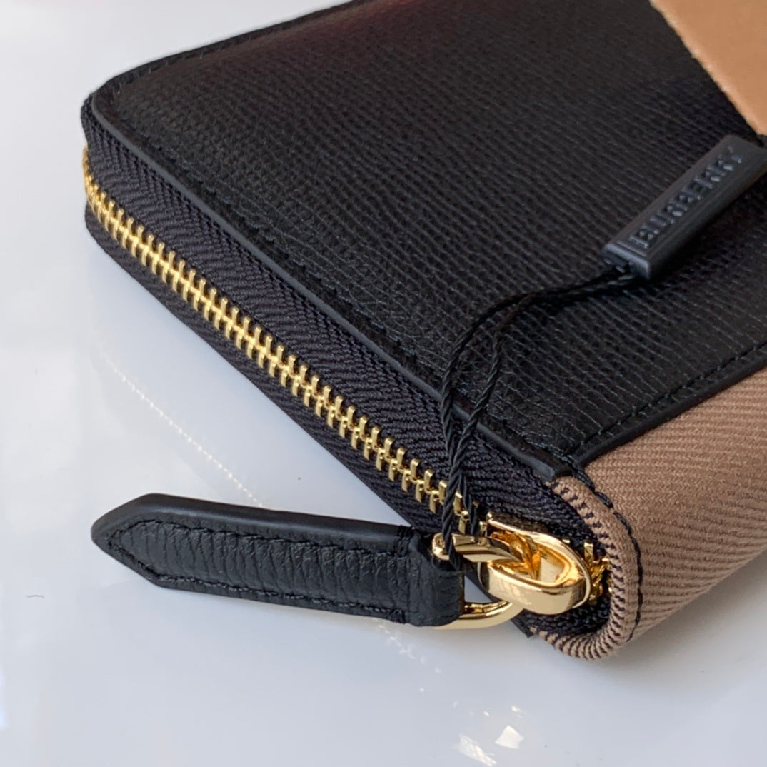 Burberry Logo Leather Continental Wallet in Black Calfskin with Check Side Panel