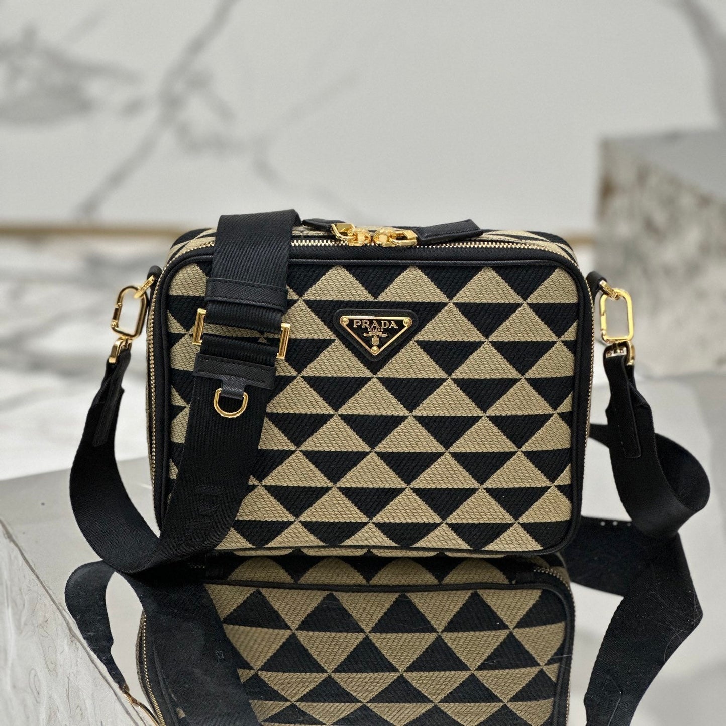 Prada Symbole Embroidered Fabric Messenger Bag in Black and Beige