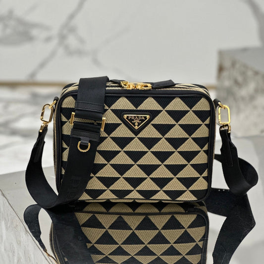 Prada Symbole Embroidered Fabric Messenger Bag in Black and Beige