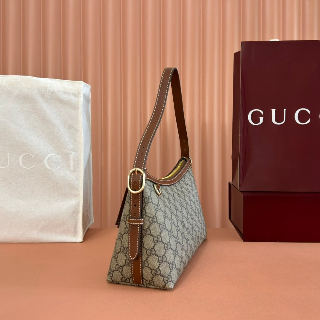 Gucci GG Emblem Medium Shoulder Bag in Signature Canvas with Leather Trim