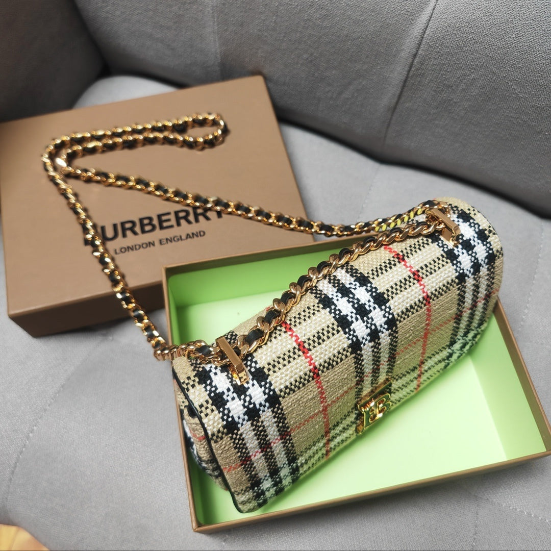 Burberry Beige Check Crossbody Bag with Gold-Tone Chain Strap