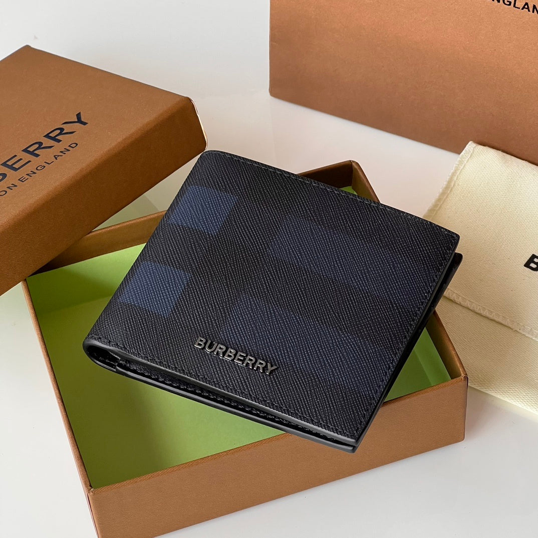 Burberry Men's Navy Textured Leather Bifold Wallet with Metal Logo