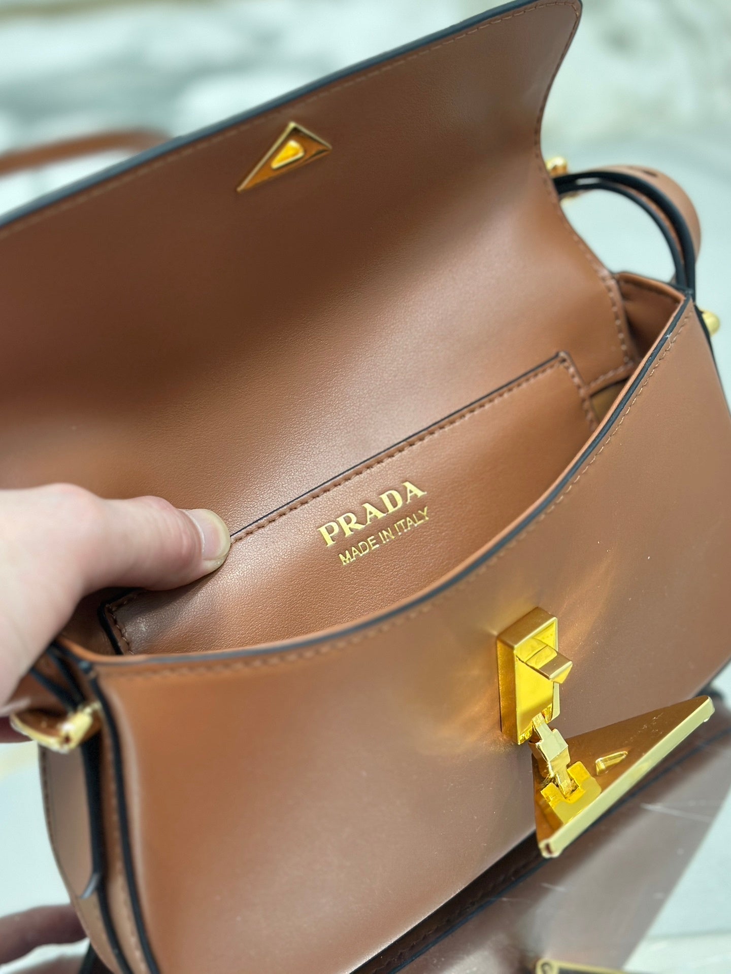 Prada Soft Calfskin Flap Shoulder Bag – Cognac with Metal Triangle Logo