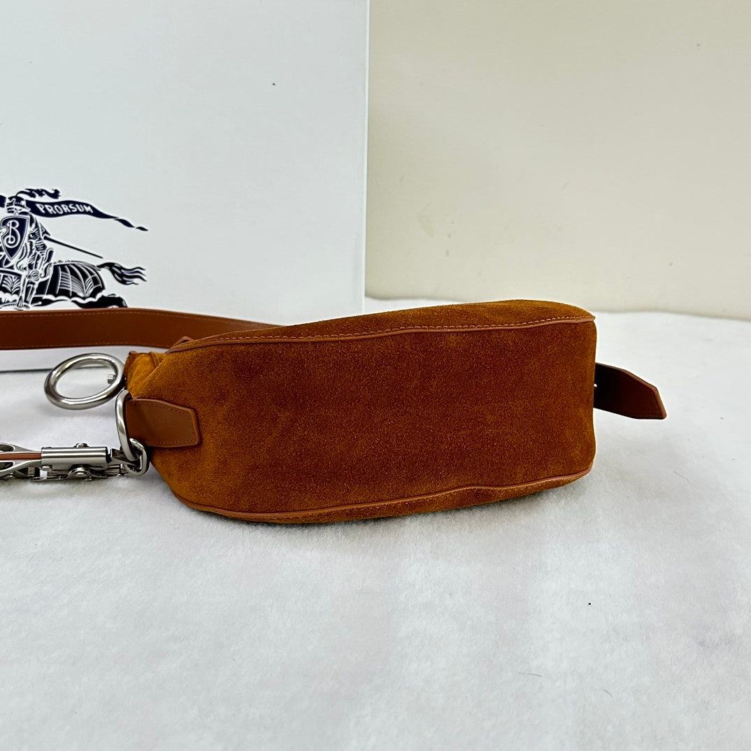 Burberry Knight Small Brown Suede Shoulder Bag with Silver Ring Detail