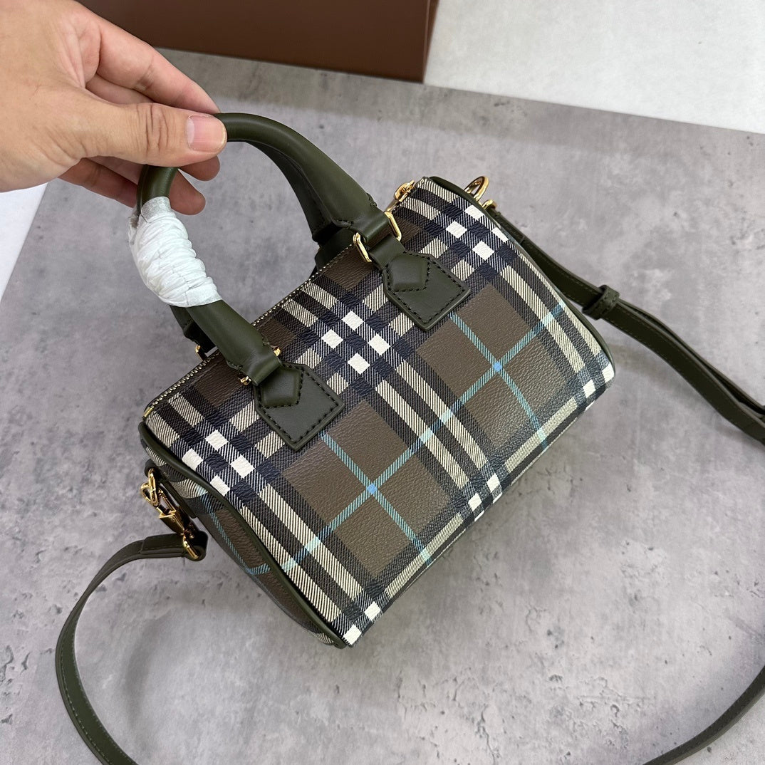 Burberry Bowling Bag in Olive Green Check Coated Cotton with Padlock Charm