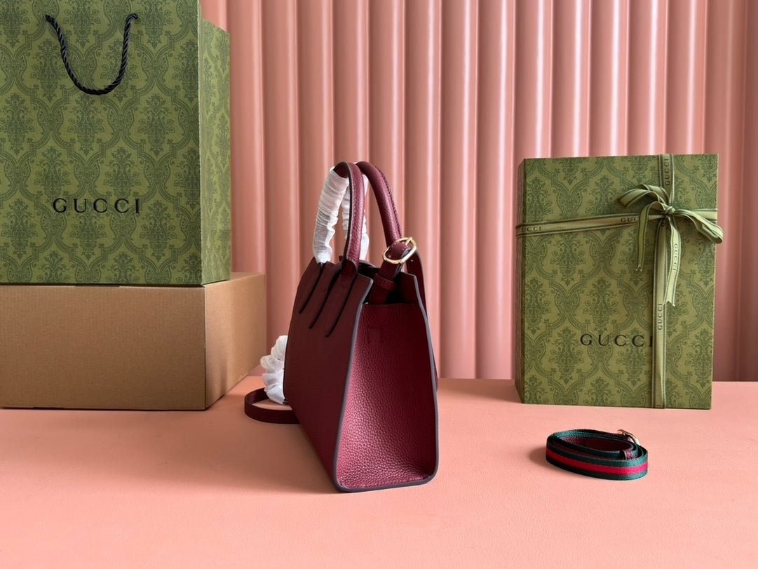 Gucci Small/Medium Tote Bag in Rosso Ancora Red or Bordeaux Grained Leather with Hook Closure