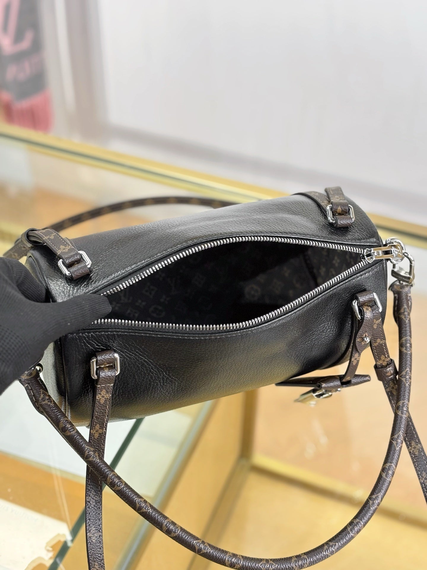 Louis Vuitton Express PM Handbag in Black Calfskin with Monogram Canvas Trim