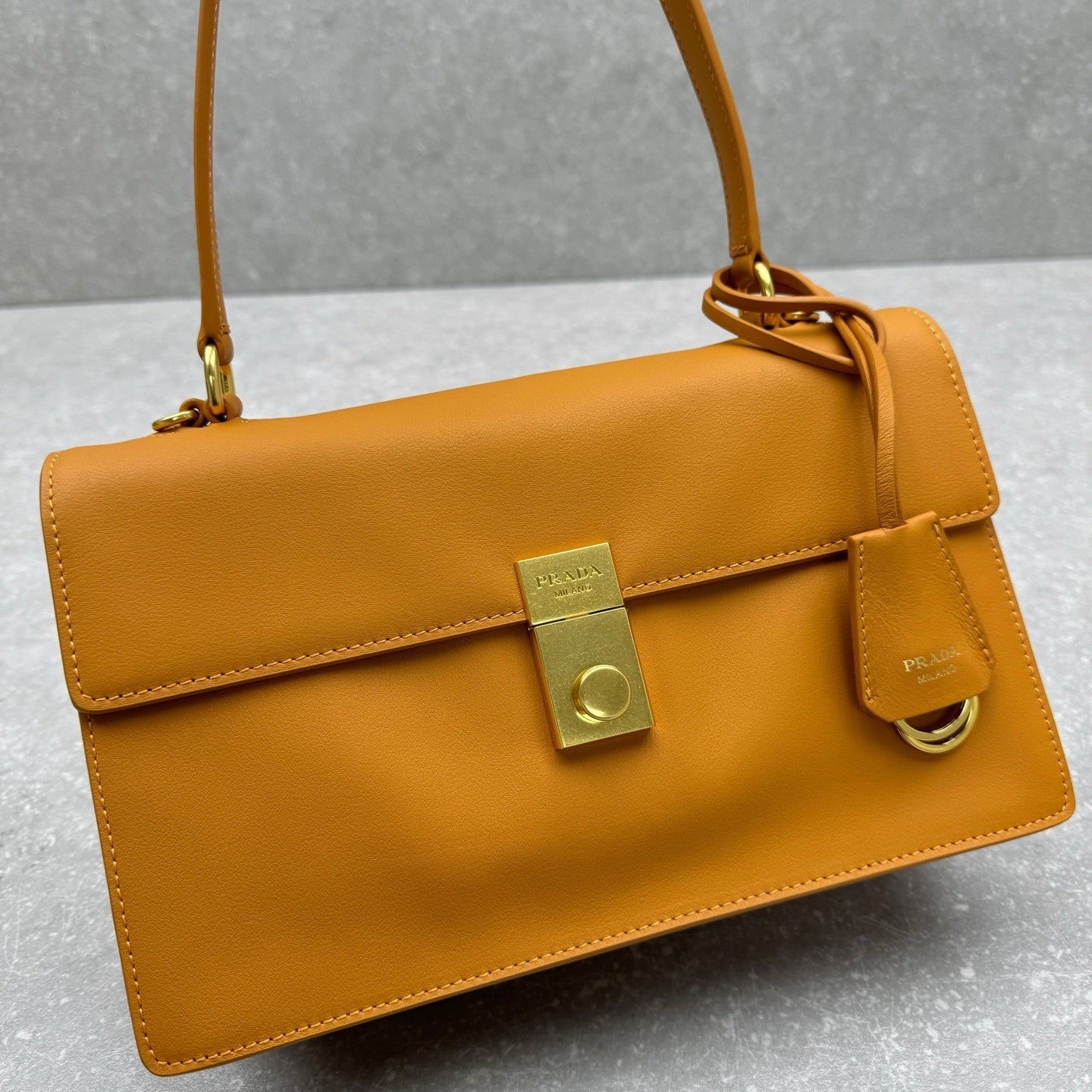 Prada Soft Sound Medium Shoulder Bag in Amber Calfskin Leather