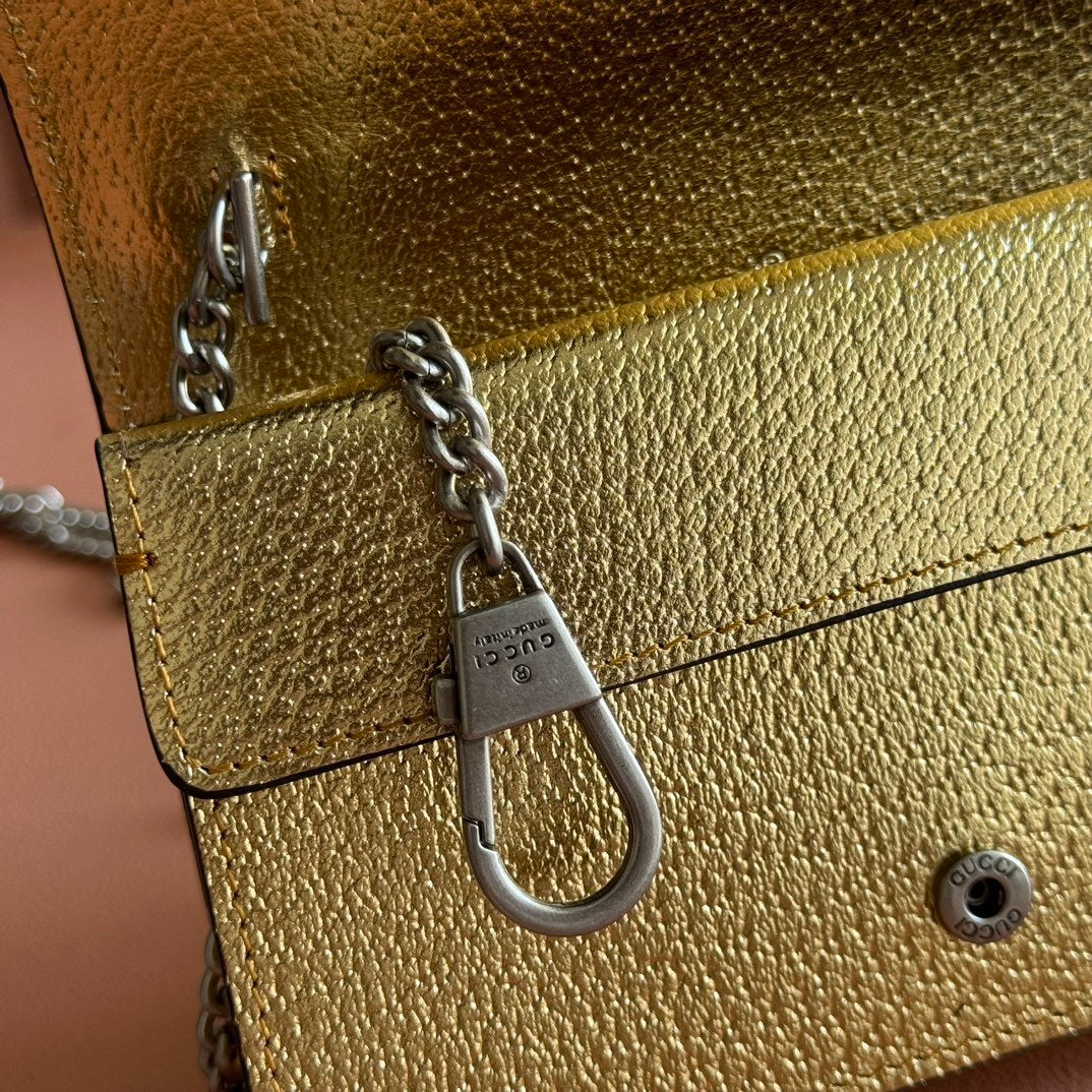 Gucci Dionysus Super Mini Gold Leather Bag with Crystal Tiger Head Closure