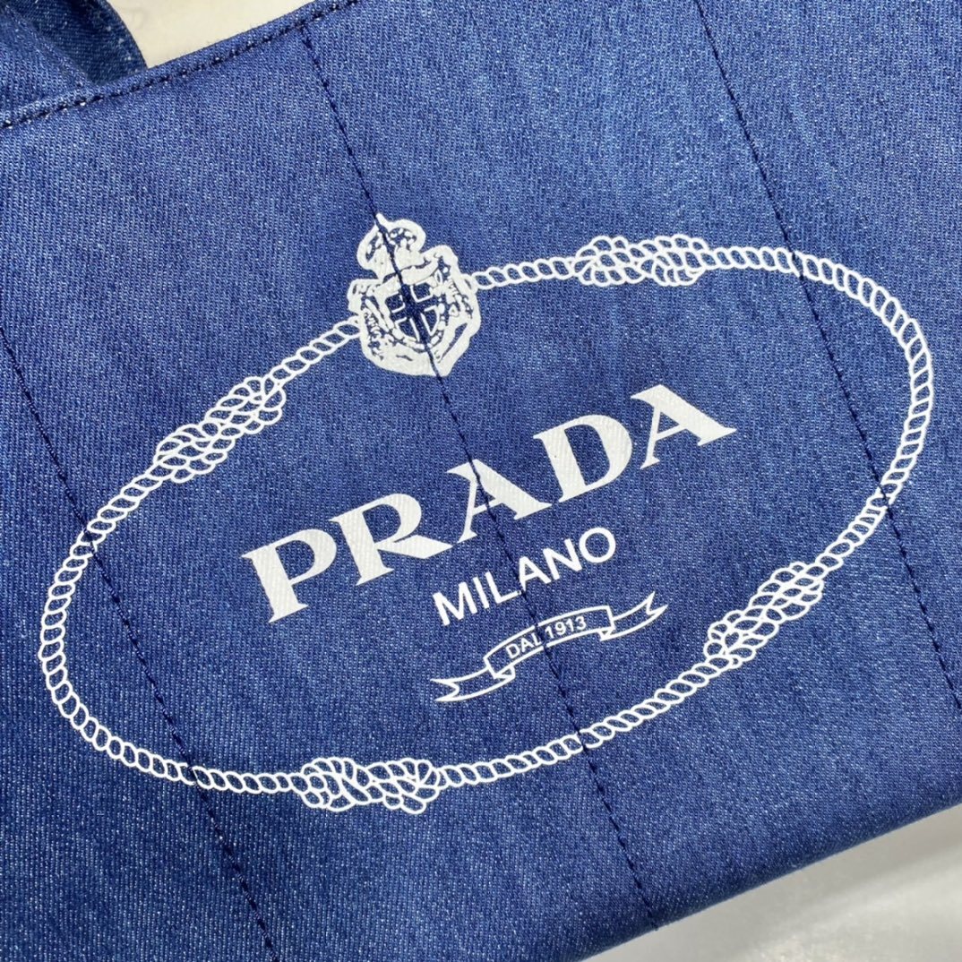 Prada Canapa Tote Bag – Blue Denim/Canvas with White Logo Print & Detachable Shoulder Strap