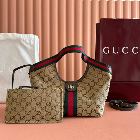 Gucci Giglio Small Tote Bag in Beige and Dark Brown GG Canvas with Web Trim