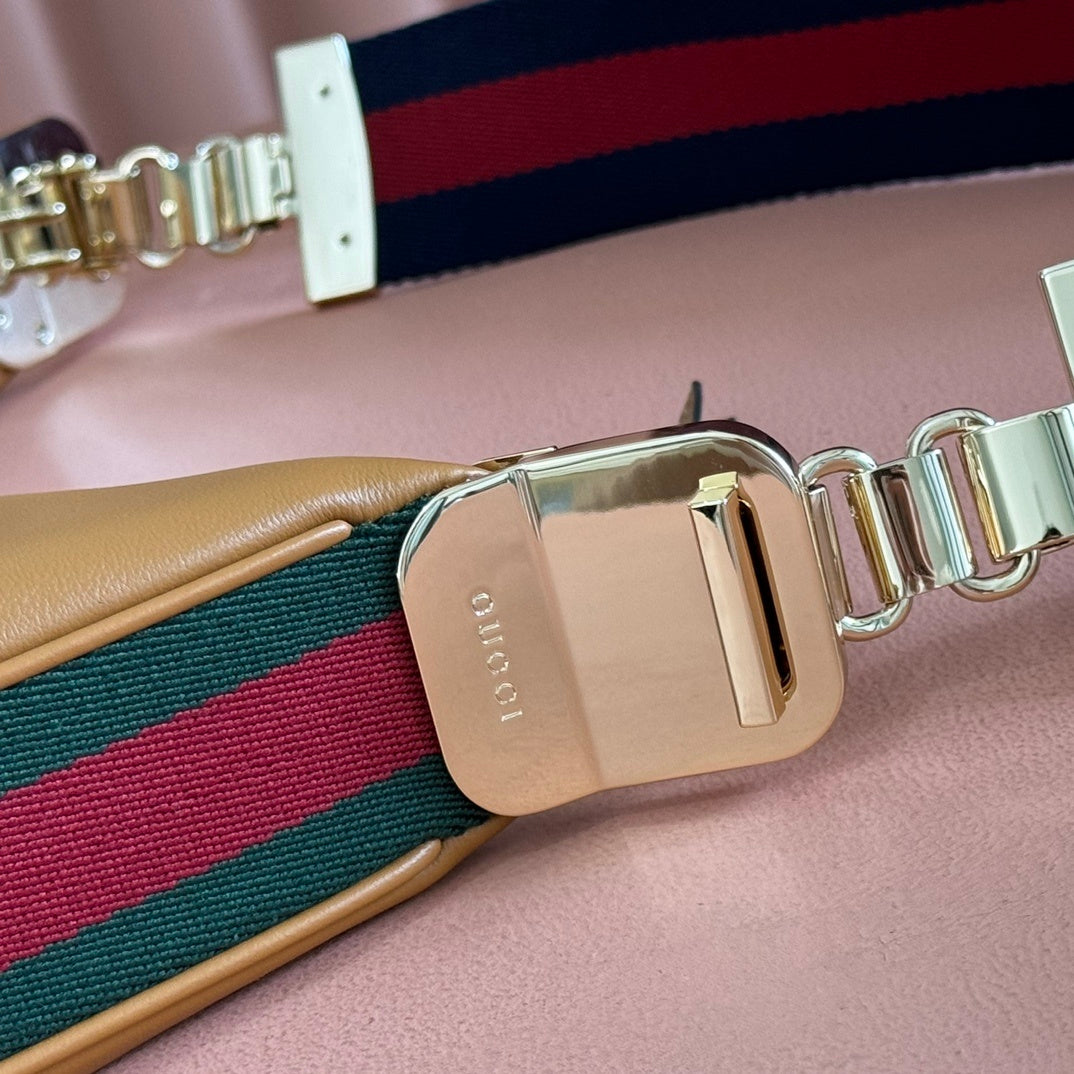 Gucci Attache Large Leather Shoulder Bag in Tan with Web-Stripe Strap