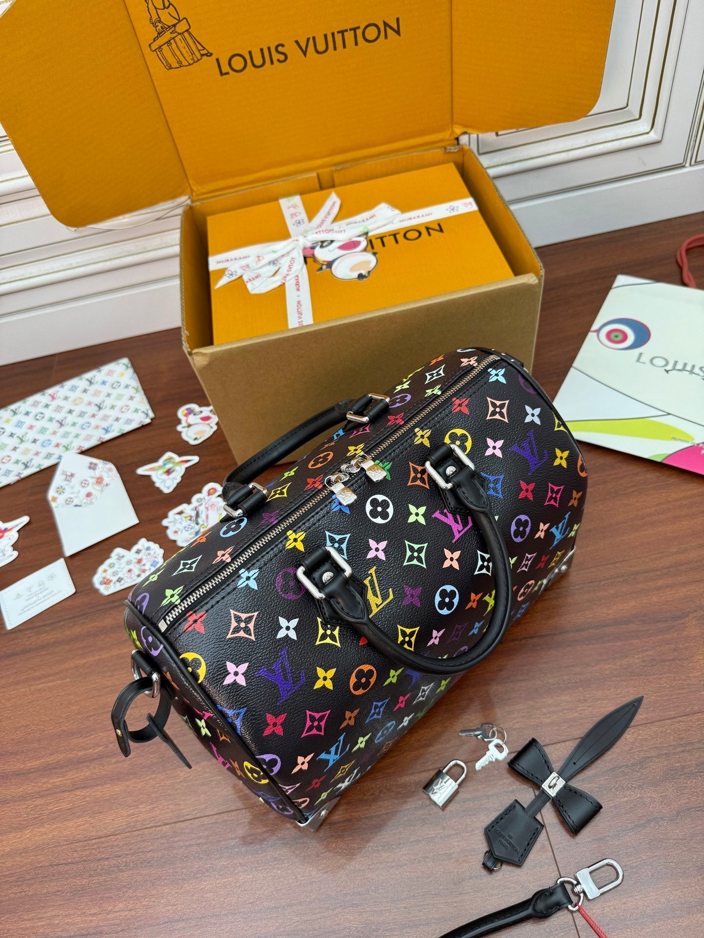 Louis Vuitton x Takashi Murakami Speedy Soft 30 Handbag Black Multicolor Monogram