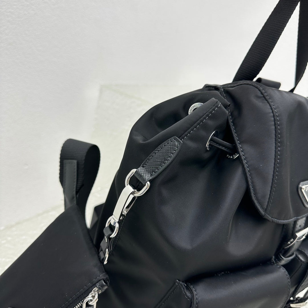 Prada Black Re-Nylon and Saffiano Leather Backpack with Detachable Pouch