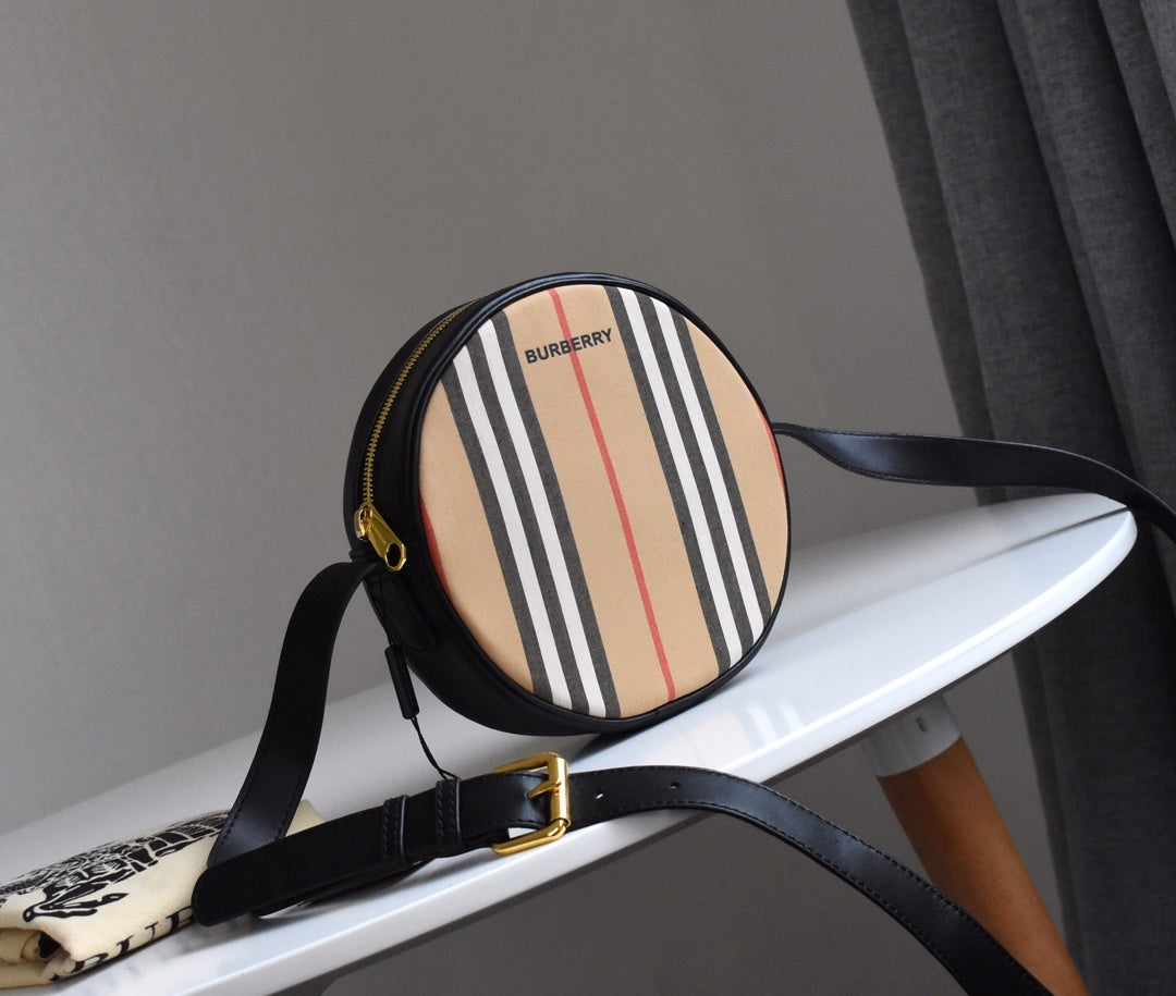 Burberry Louise Icon Stripe E-Canvas Round Crossbody Bag with Black Leather Trim