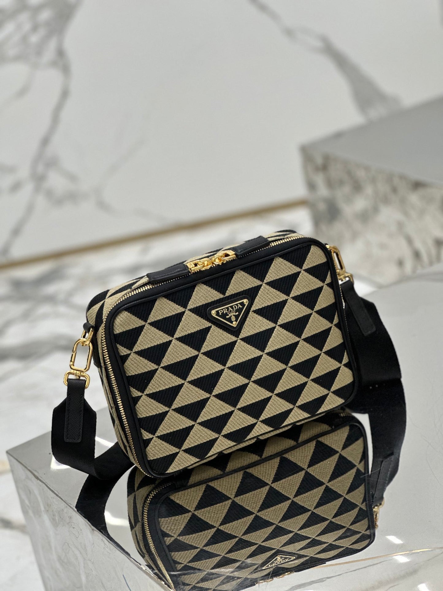 Prada Symbole Embroidered Fabric Messenger Bag in Black and Beige