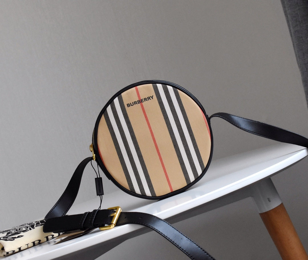 Burberry Louise Icon Stripe E-Canvas Round Crossbody Bag with Black Leather Trim