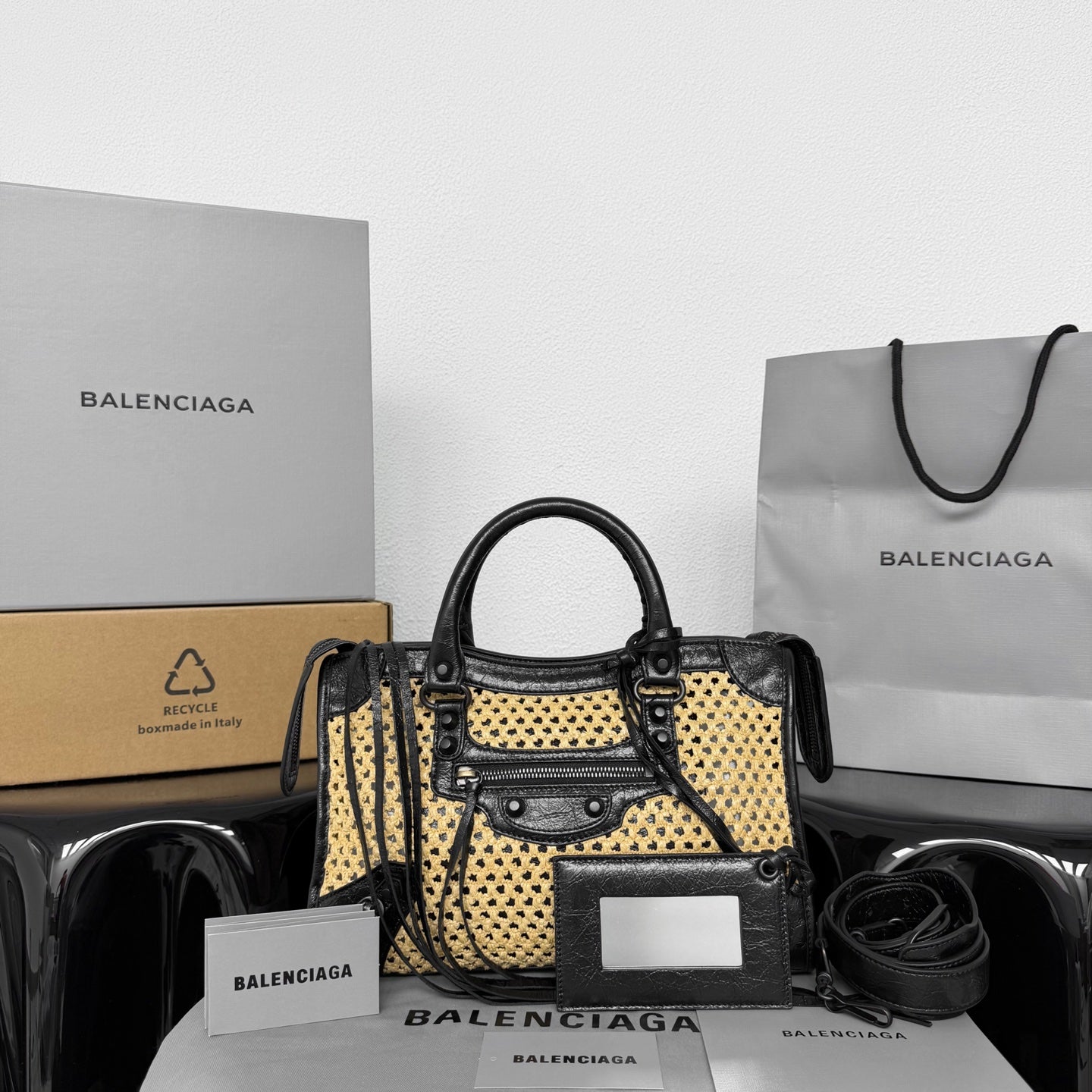Balenciaga Small Le City Raffia Bag with Black Lambskin Trim