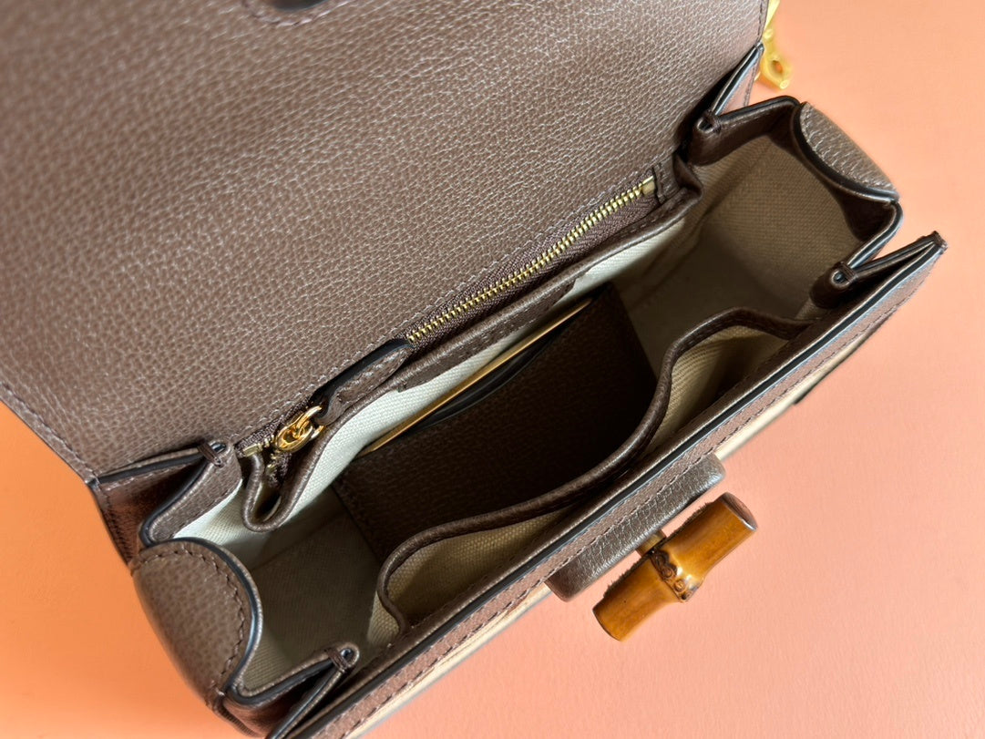 Gucci Small Jumbo GG Canvas Bamboo 1947 Top Handle Bag in Beige & Brown