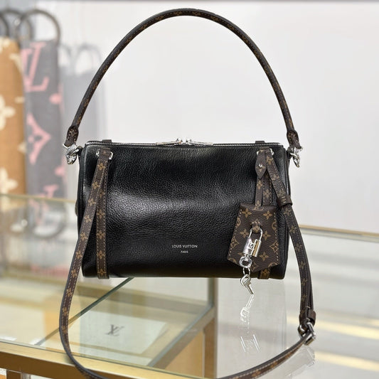 Louis Vuitton Express PM Handbag in Black Calfskin with Monogram Canvas Trim