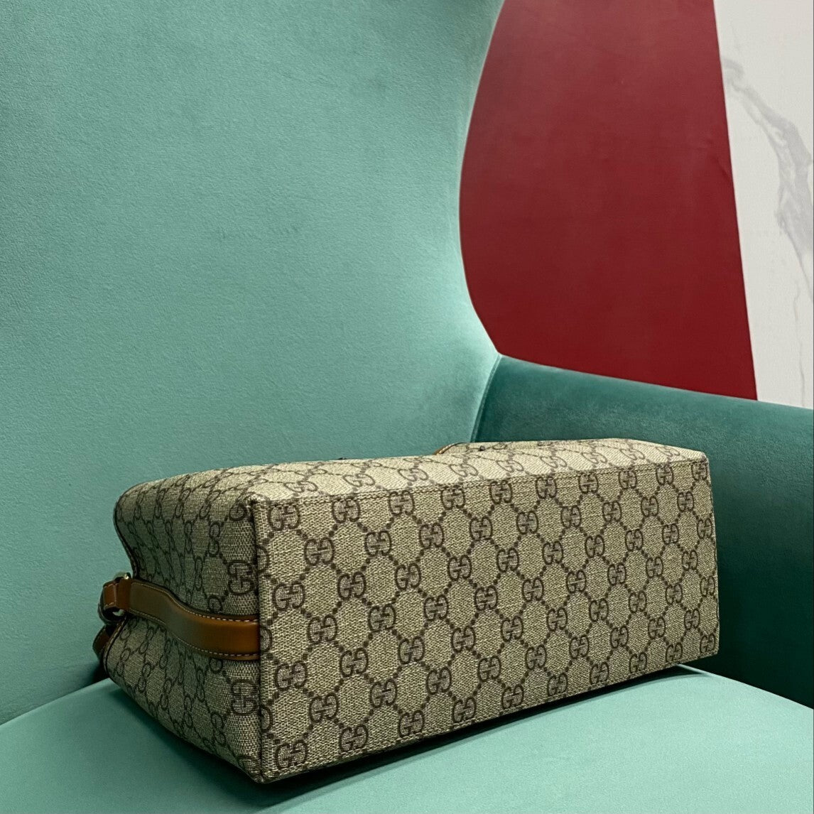 Gucci GG Emblem Medium Tote Bag in Beige Monogram with Brown Leather Trim