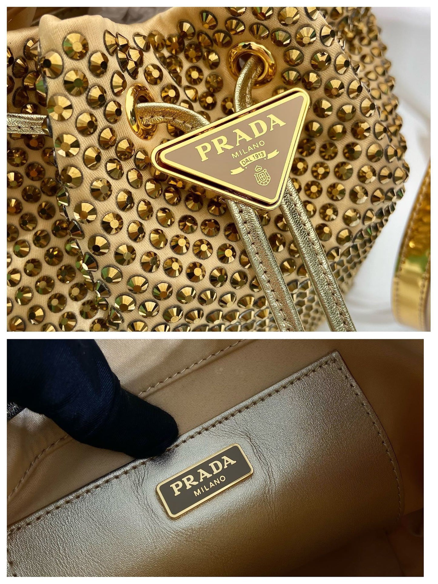 Prada Crystal-Embellished Gold Silk Bucket Bag