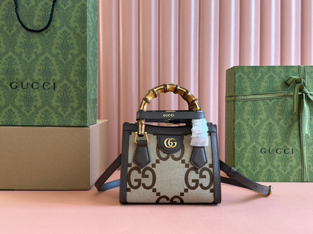 Gucci Diana Mini Tote Bag in Camel & Ebony Jumbo GG Canvas with Brown Leather Trim and Bamboo Handles