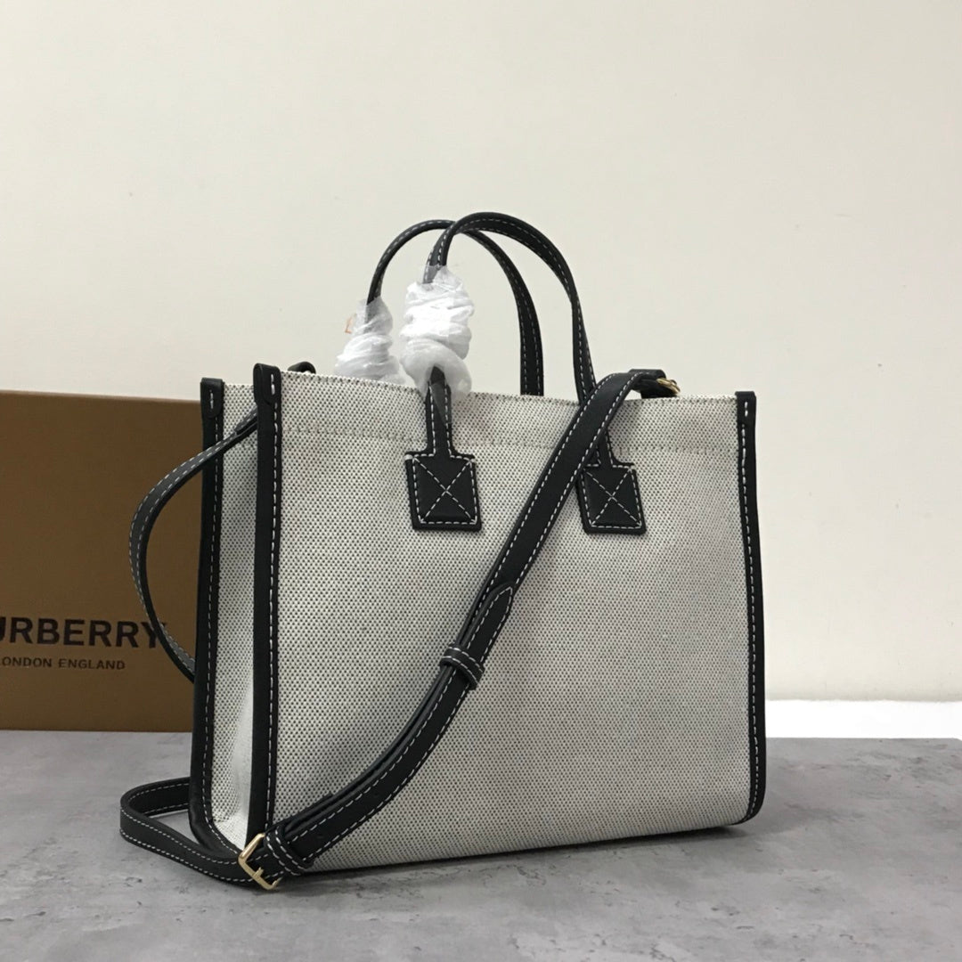 Burberry Mini Freya Tote Bag Two-Tone Canvas & Leather Handbag