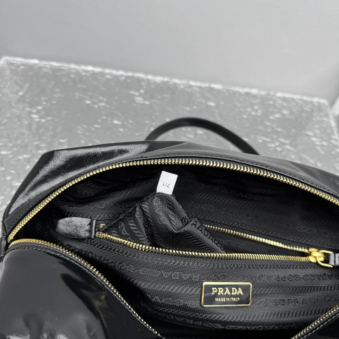 Prada Dangle Medium Black Leather Top Handle Shoulder Bag
