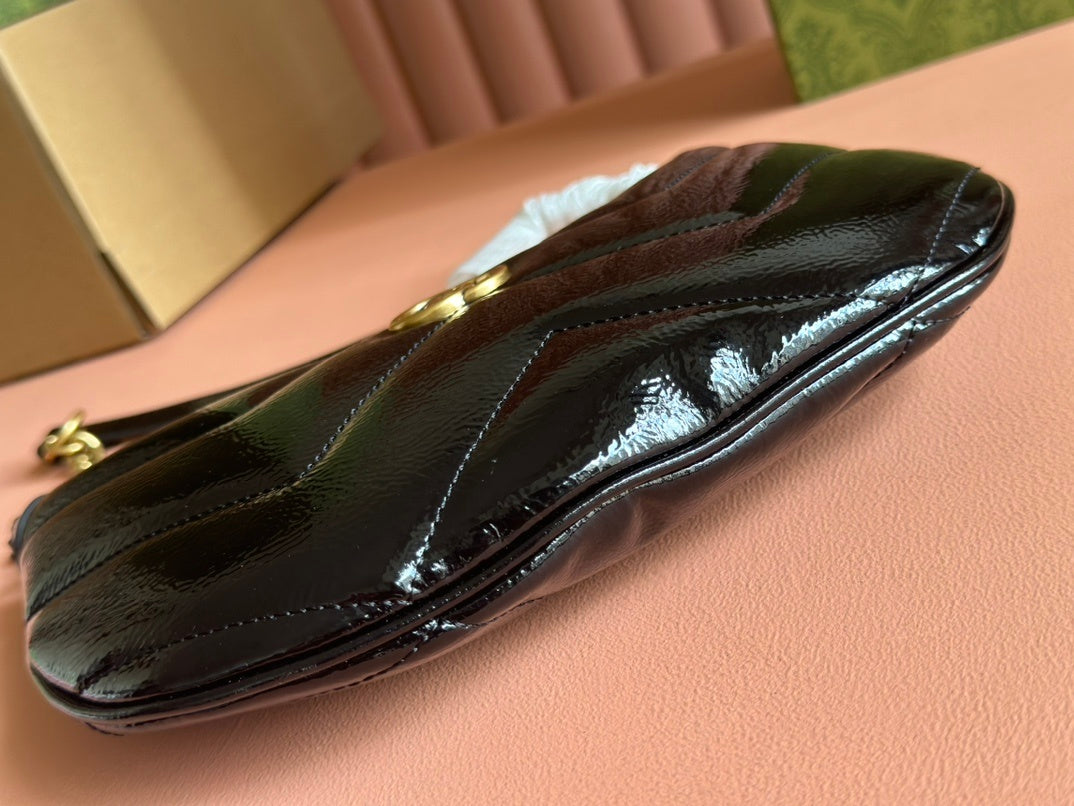 Gucci GG Marmont Small Shoulder Bag in Black Patent Chevron Leather