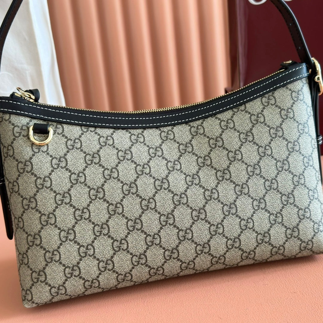 Gucci GG Emblem Medium Shoulder Bag in Beige & Dark Brown Fabric with Leather Trim